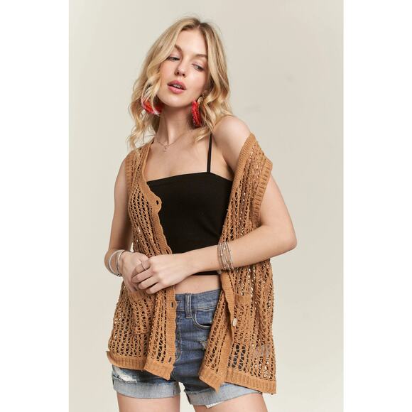 ADORA Lightweight Button Down Front Pockets Crochet Detail Vest Cardigan | Camel - Picture 3 of 5